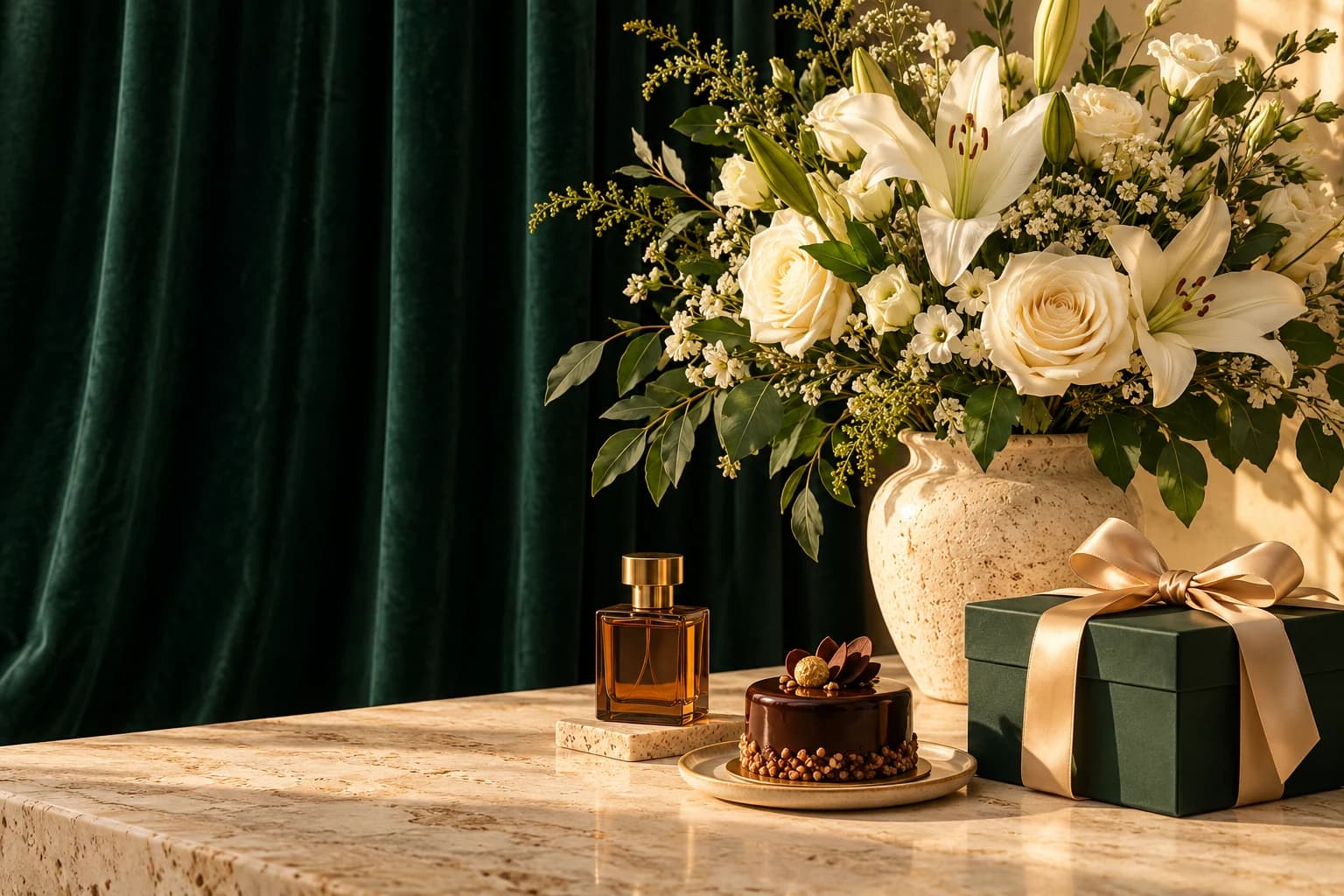 Bouquet ivoire, coffret vert, gâteau au chocolat et parfum sur une table en pierre.