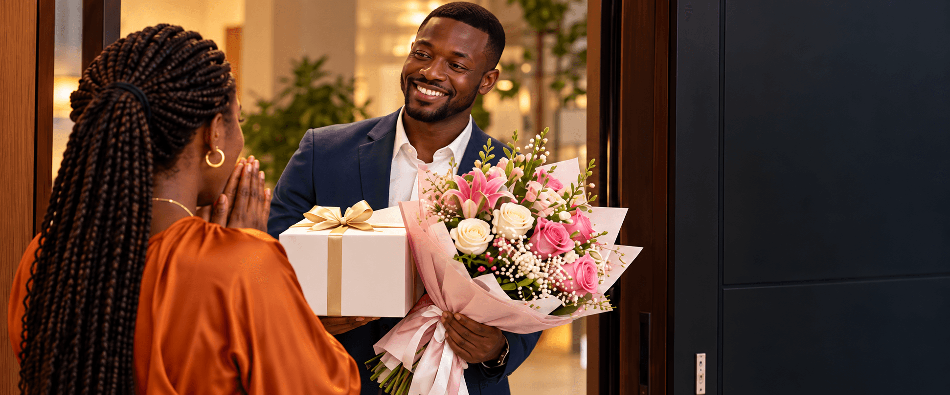 Un couple partage la joie d’offrir un bouquet.